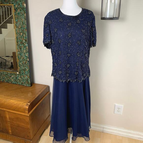 Vintage Stenay Plus Size 14 Women's Beaded Long Dress Blue Cocktail Formal - Picture 2 of 10